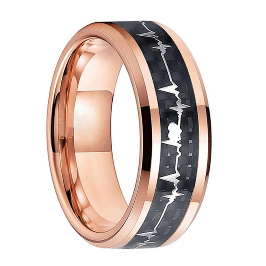 潮流与工艺的碰撞 2022亚马逊钨钢戒指，玫瑰金镶嵌黑底银心电图设计男士戒指的魅力解析